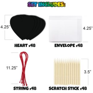 ArtCreativity 48 Pack Scratch Off Valentine Cards for Kids Classroom, Set of 48 Valentine Kids Cards Ink-Free Scratch Off Hearts with Scratch Sticks, Red String, and Envelopes, Valentines Kids Crafts