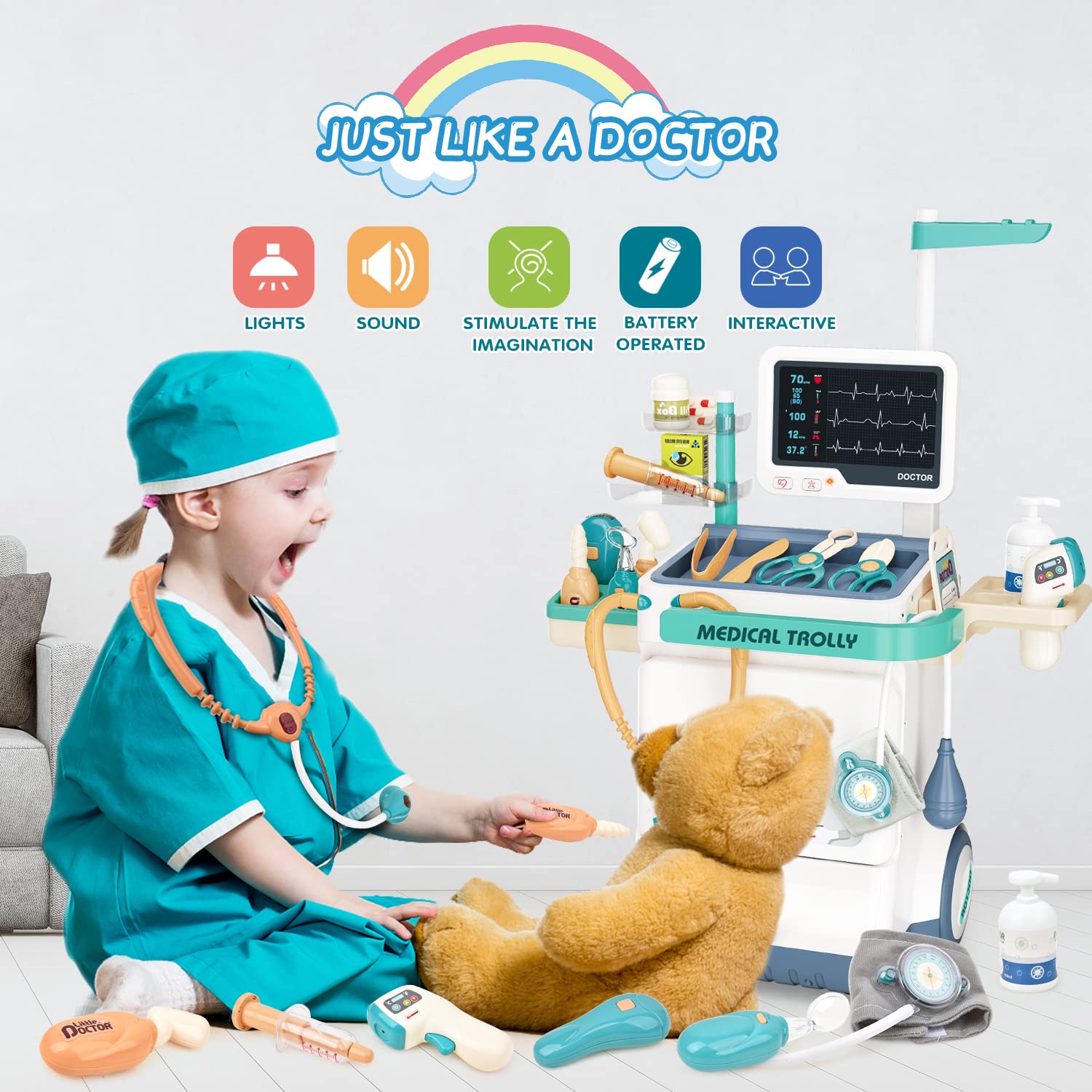 Sotodik Doctor Kit for Kids 26 Accessories Pretend Medical Station Set for Boys & Girls Mobile Cart with Stethoscope and Medical Toy Accessories for Ages 3 and Up Children Role Play Educational Toys