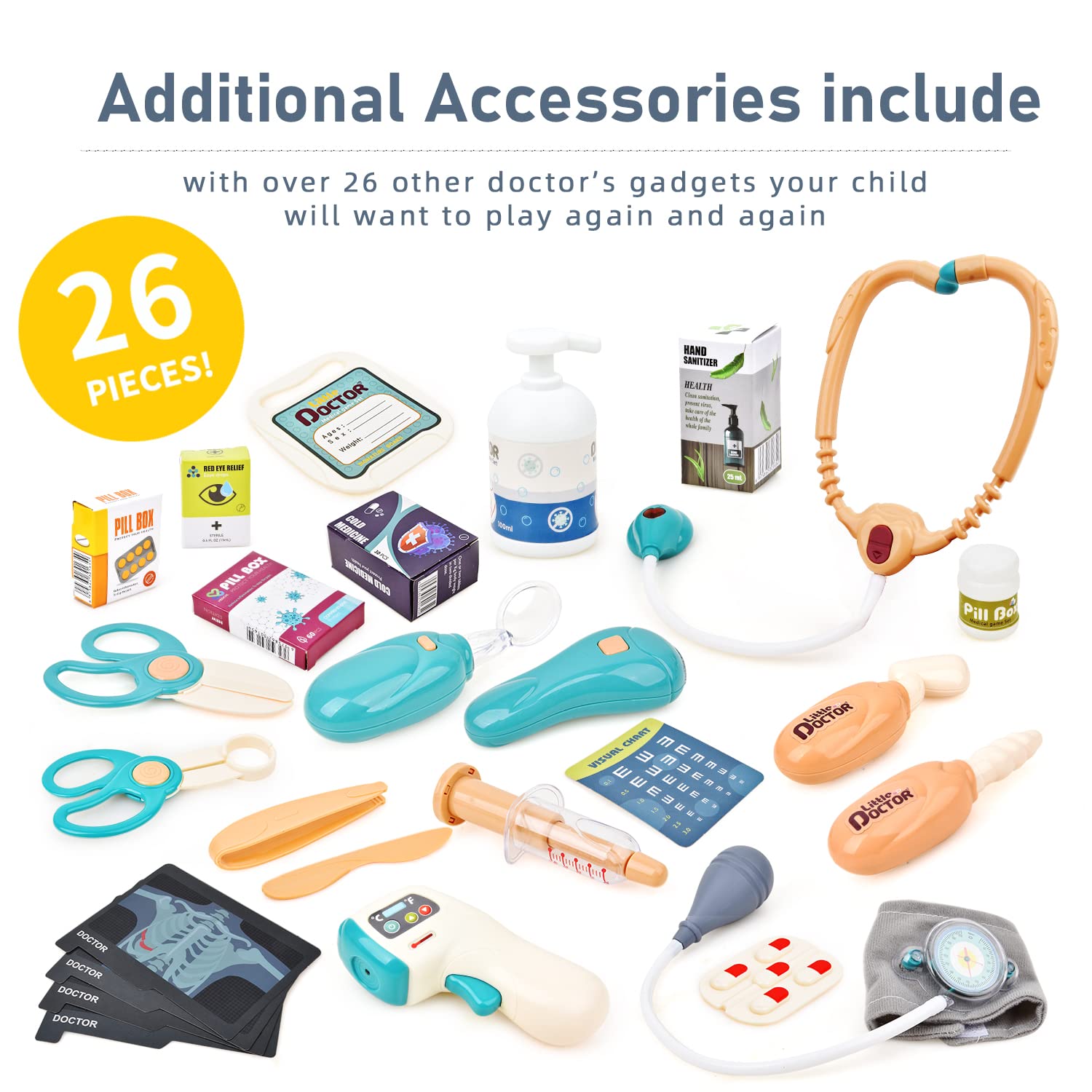 Sotodik Doctor Kit for Kids 26 Accessories Pretend Medical Station Set for Boys & Girls Mobile Cart with Stethoscope and Medical Toy Accessories for Ages 3 and Up Children Role Play Educational Toys