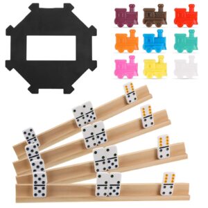 Hanaive Mexican Train Domino, Wooden Domino Racks Set, Domino Tiles Holders, Domino Trays and Accessories for Mexican Train