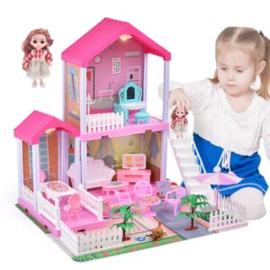 dreamhouse doll house for girls, fully furnished fashion dollhouse w/lights, play mat and upgraded doll, numerous doll houses furniture & accessories, diy dollhouse kit gift toy for kids 3 4 5 6 7 8+