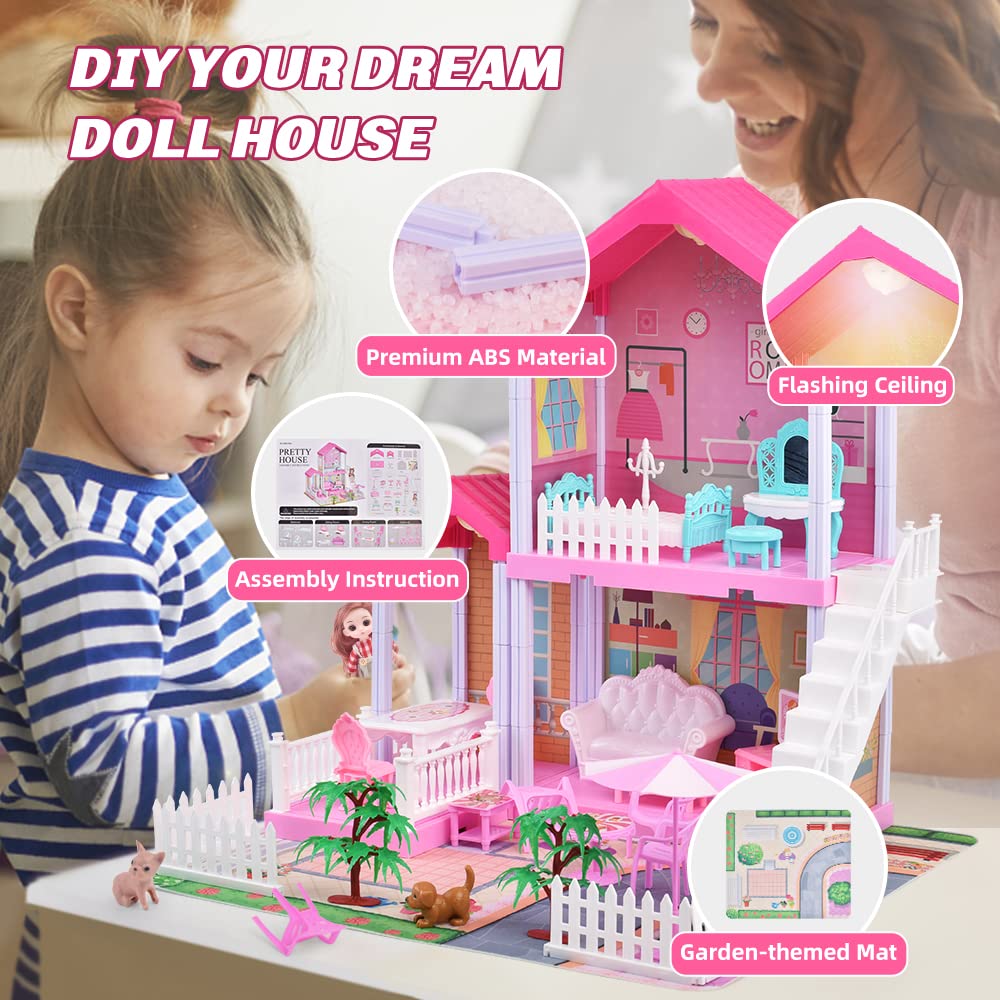 Dreamhouse Doll House for Girls, Fully Furnished Fashion Dollhouse w/Lights, Play Mat and Upgraded Doll, Numerous Doll Houses Furniture & Accessories, DIY Dollhouse Kit Gift Toy for Kids 3 4 5 6 7 8+