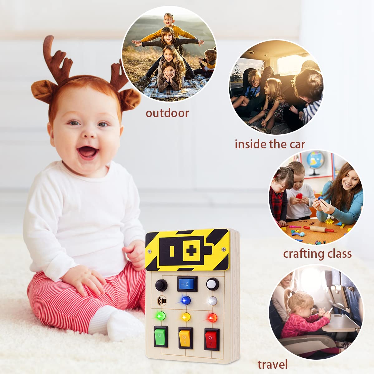 HOTBEST Montessori Busy Board for Toddlers, LED Light Switch Toys Sensory Toys, Wooden Sensory Toys with Light Up LED Buttons, Educational Learning Toy for Boys & Girls