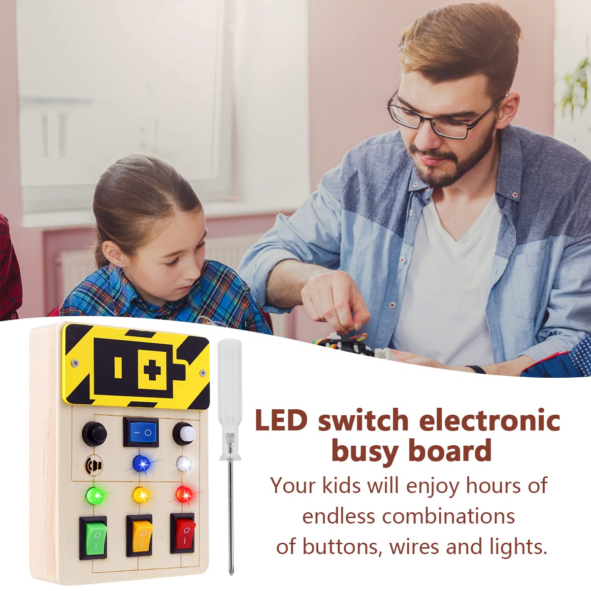 HOTBEST Montessori Busy Board for Toddlers, LED Light Switch Toys Sensory Toys, Wooden Sensory Toys with Light Up LED Buttons, Educational Learning Toy for Boys & Girls