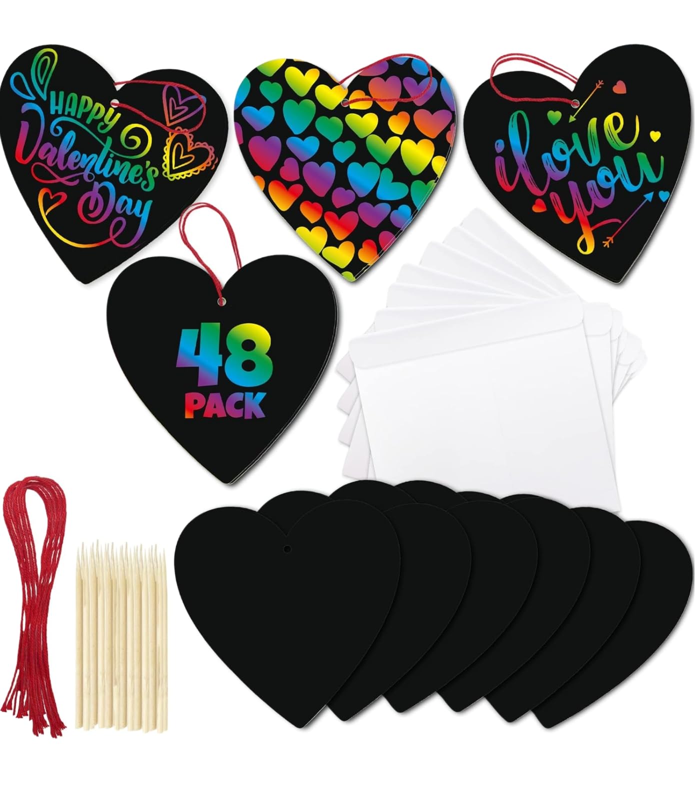 ArtCreativity 48 Pack Scratch Off Valentine Cards for Kids Classroom, Set of 48 Valentine Kids Cards Ink-Free Scratch Off Hearts with Scratch Sticks, Red String, and Envelopes, Valentines Kids Crafts