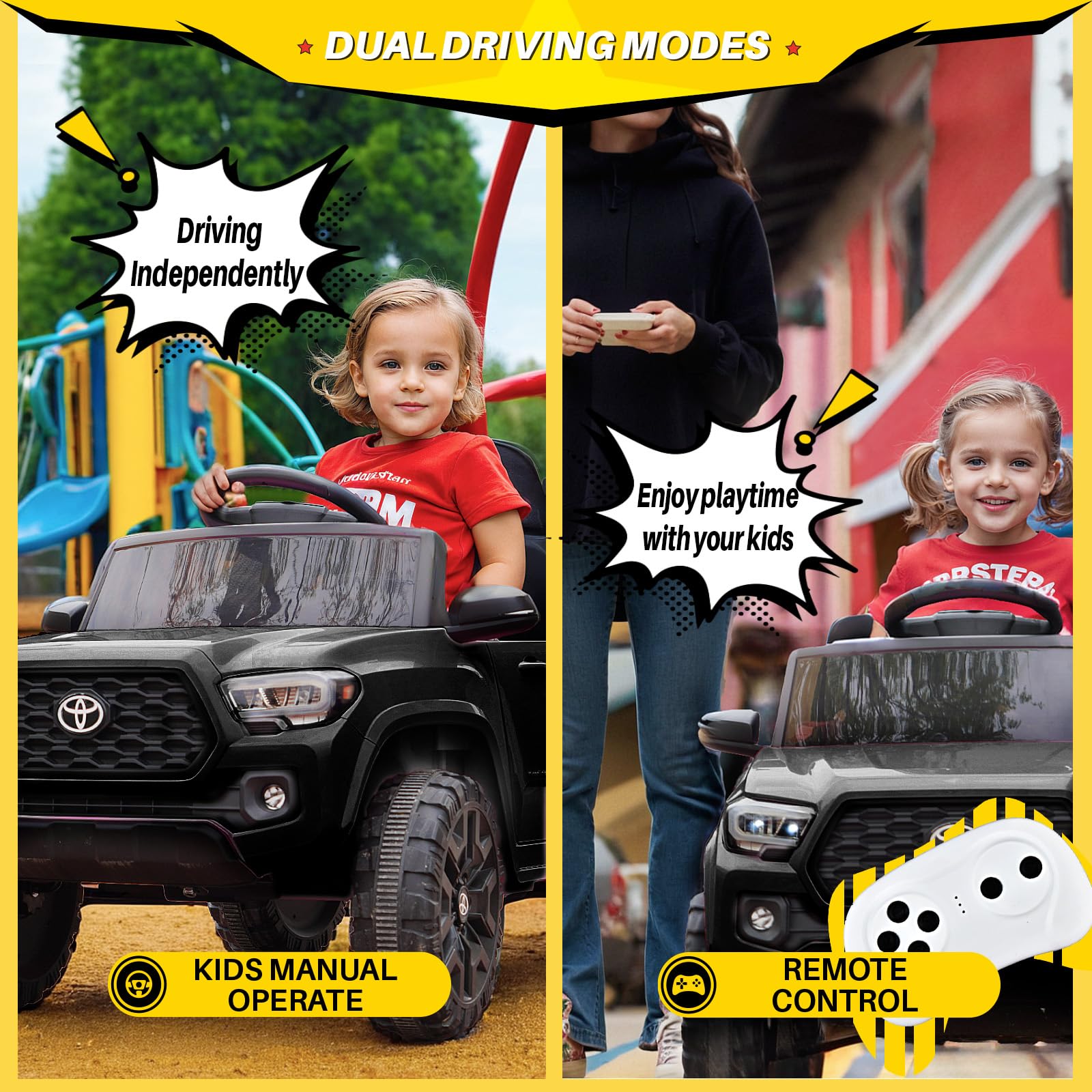 Blitzshark 12V Kids Ride on Car Compatible with Toyota Tacoma Battery Powered Motorized Electric Vehicle, with Remote Control, Digital Display, Spring Suspension, Storage Space, Music &FM, Black