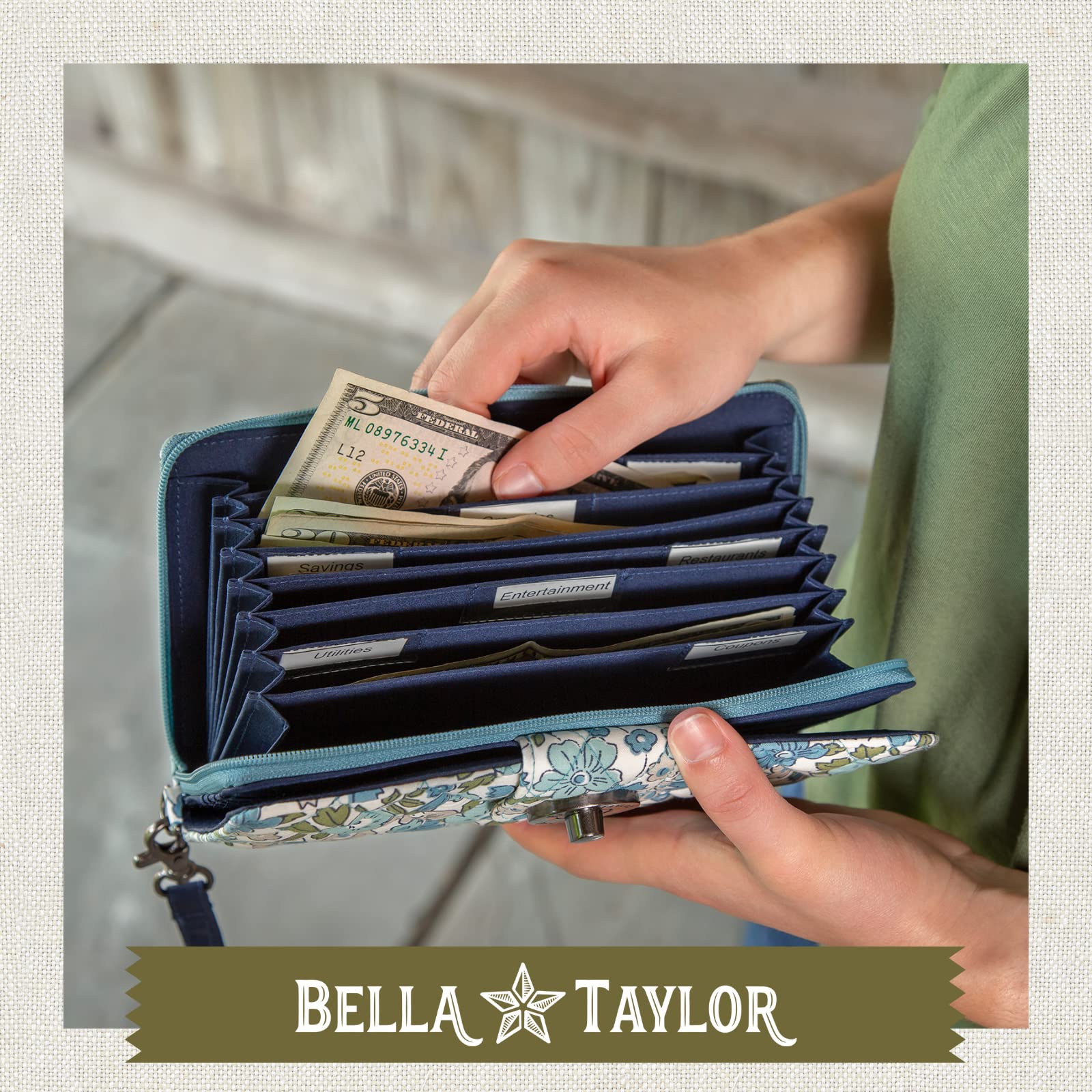 Bella Taylor RFID Wristlet Cash System Wallet for Cash Envelope Budgeting | Money Organizer Budget Wallet | Cash Stuffing Wallet | Quilted Cotton Delicate Floral Blue