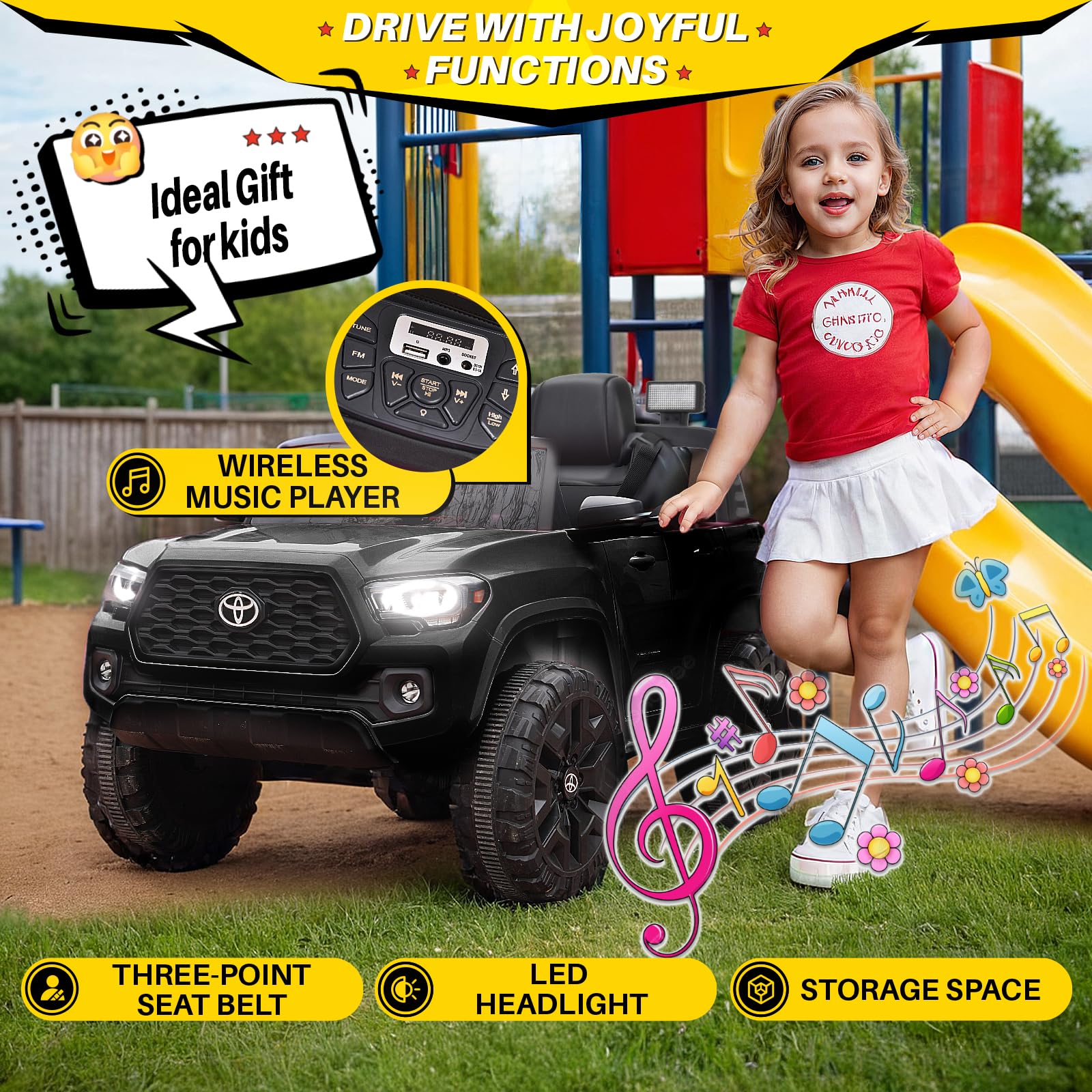 Blitzshark 12V Kids Ride on Car Compatible with Toyota Tacoma Battery Powered Motorized Electric Vehicle, with Remote Control, Digital Display, Spring Suspension, Storage Space, Music &FM, Black