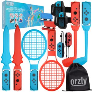 Orzly Switch Sports Games 2024 Accessories Bundle Pack for Nintendo Switch & Switch OLED with Tennis Rackets, Golf Clubs, Chambara Swords, Soccer Leg Straps & Joycon Grips - With Carry Bag