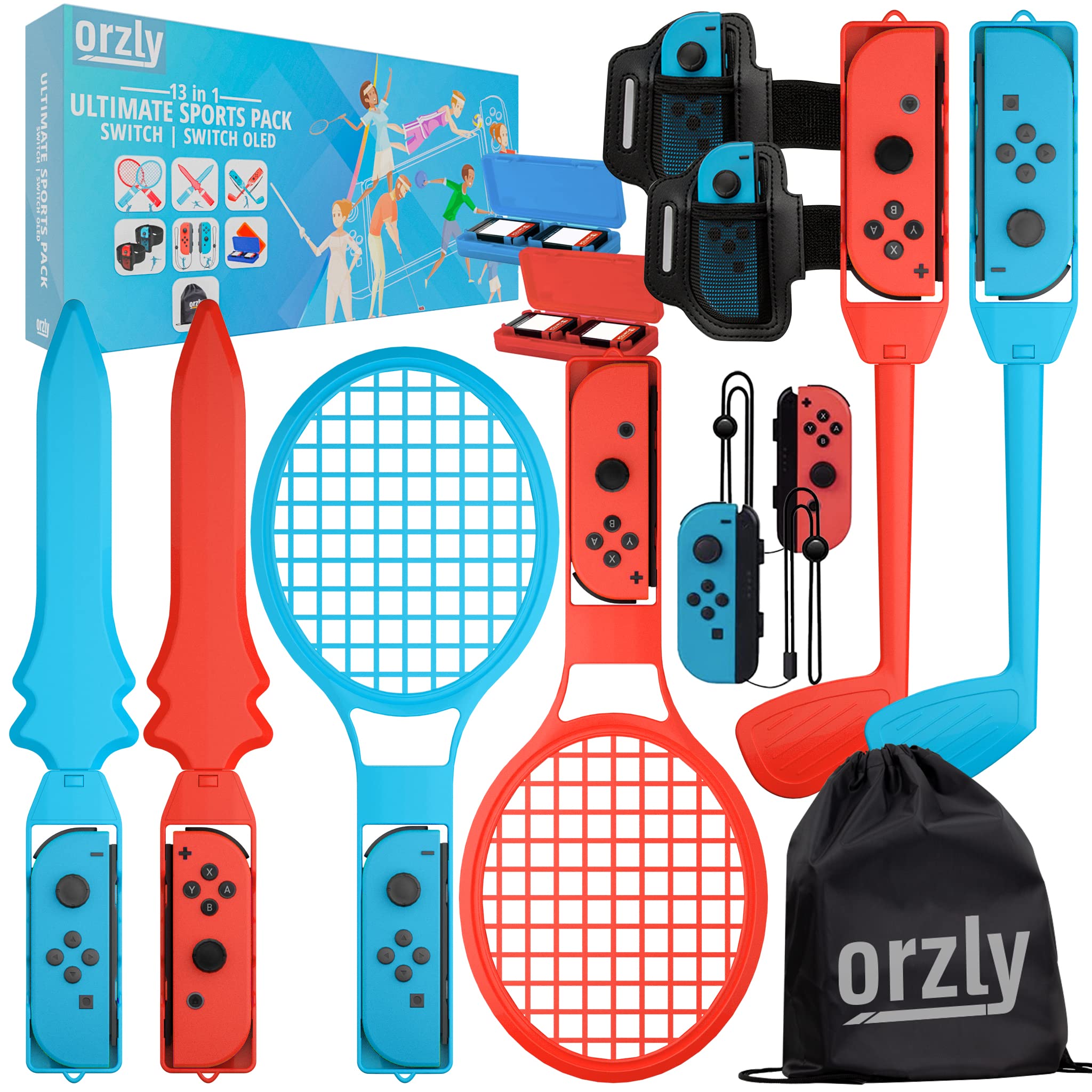 Orzly Switch Sports Games 2024 Accessories Bundle Pack for Nintendo Switch & Switch OLED with Tennis Rackets, Golf Clubs, Chambara Swords, Soccer Leg Straps & Joycon Grips - With Carry Bag