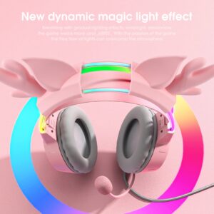 SIMGAL Antler Gaming Headset with Mic, 3.5mm Lightweight Headphones with RGB Aluminum Frame, Surround Sound, Compatible with PS4 PS5 Xbox One(Adapter Not Included) PC Mobile (Pink with Antler)