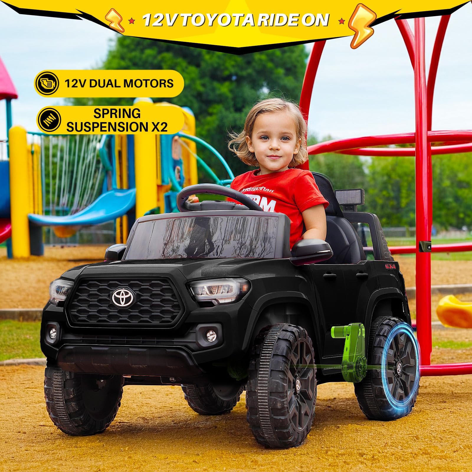 Blitzshark 12V Kids Ride on Car Compatible with Toyota Tacoma Battery Powered Motorized Electric Vehicle, with Remote Control, Digital Display, Spring Suspension, Storage Space, Music &FM, Black