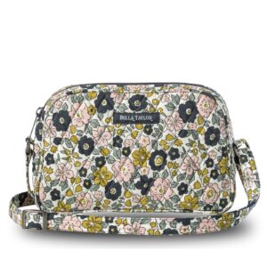 bella taylor simple crossbody purse for women, small shoulder handbag, quilted cotton delicate floral charcoal