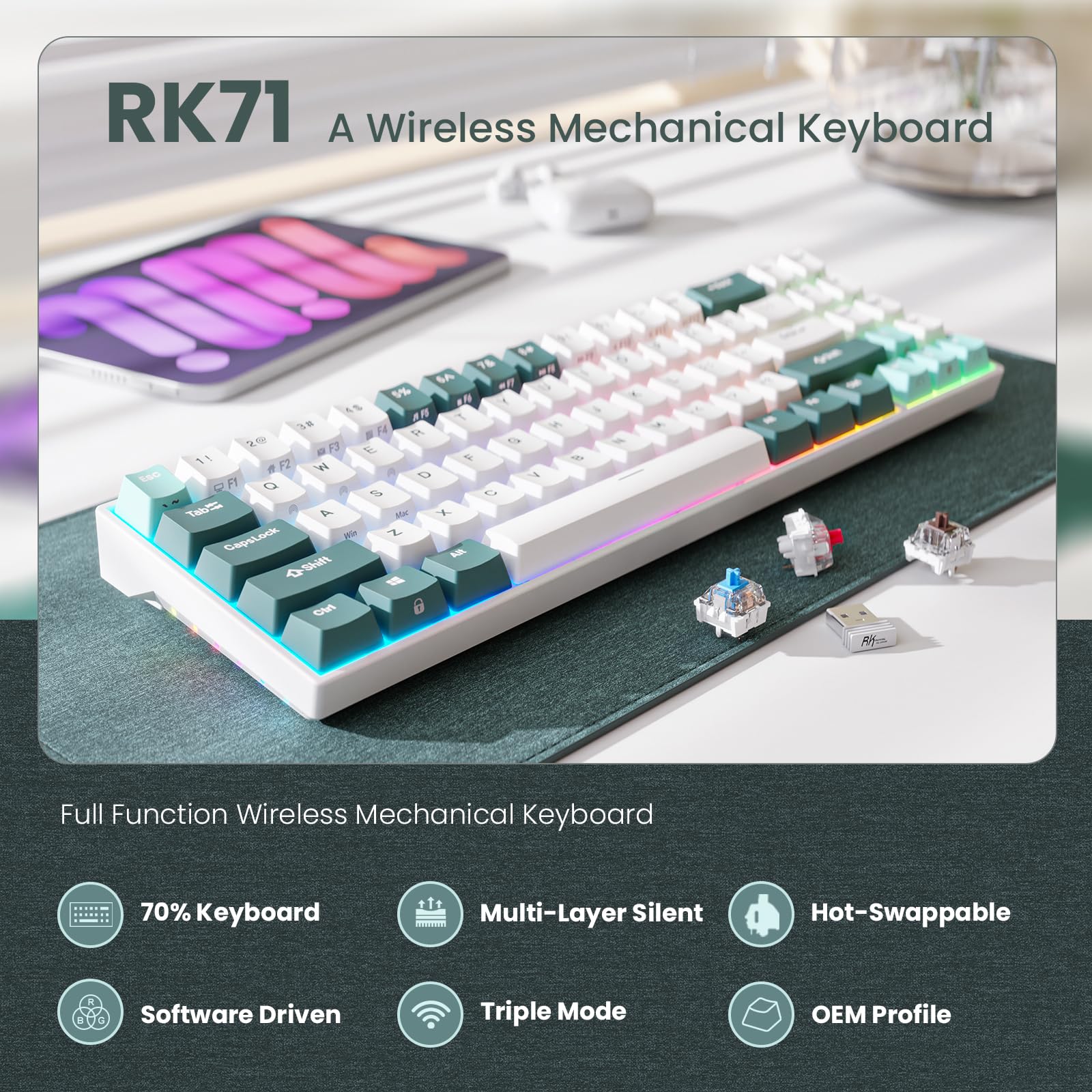 RK ROYAL KLUDGE 70% Mechanical Keyboard - RK71 Wireless Gaming Keyboard with Hot-Swappable Brown Switches, Double-Shot Creamy Keycaps, RGB Backlit, and Triple-Mode Connectivity