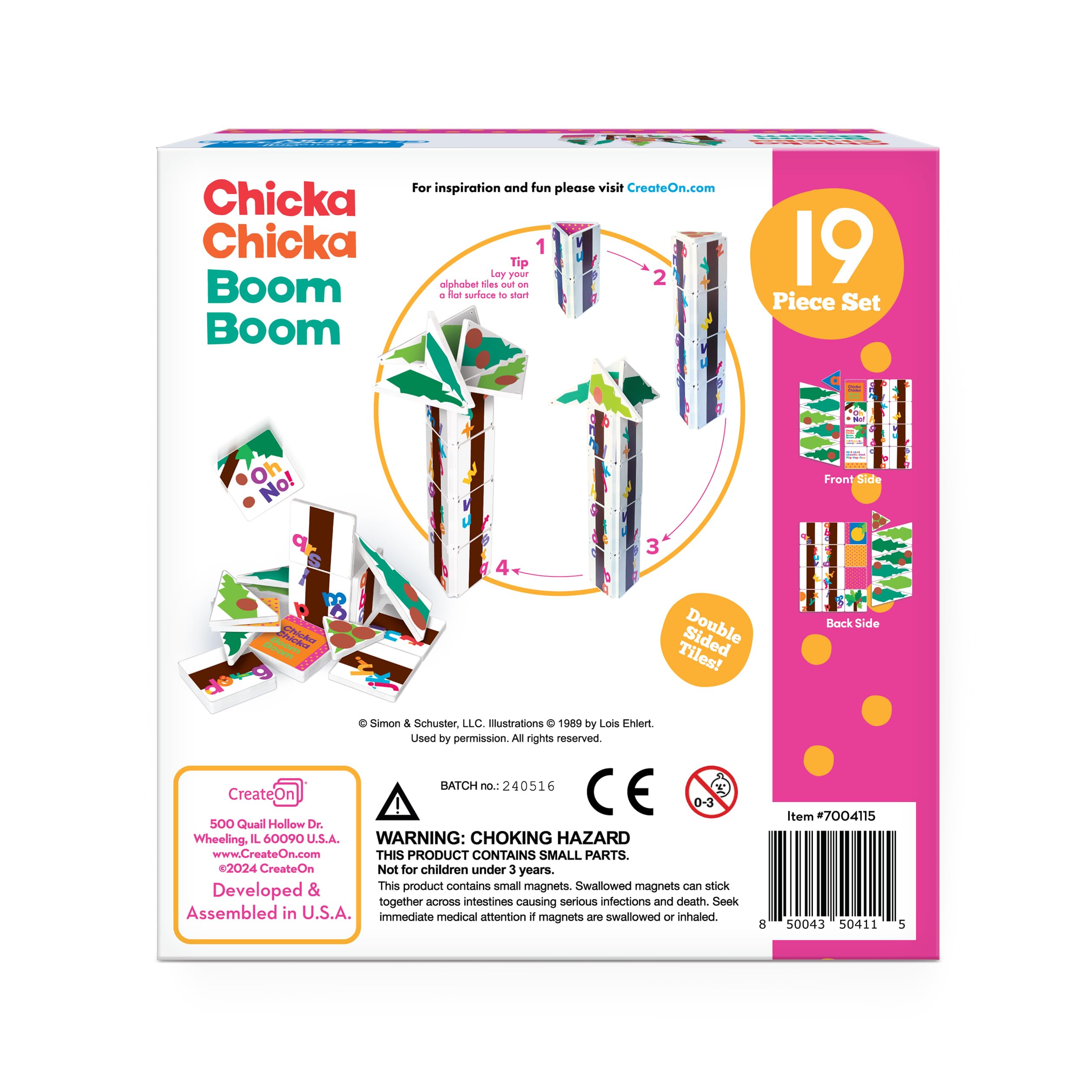 CreateOn Chicka Chicka Boom Boom Magnetic Tile Set, Magnetic Kids Building Toys, Educational Stem Toys for Ages 3+, 19 Pieces