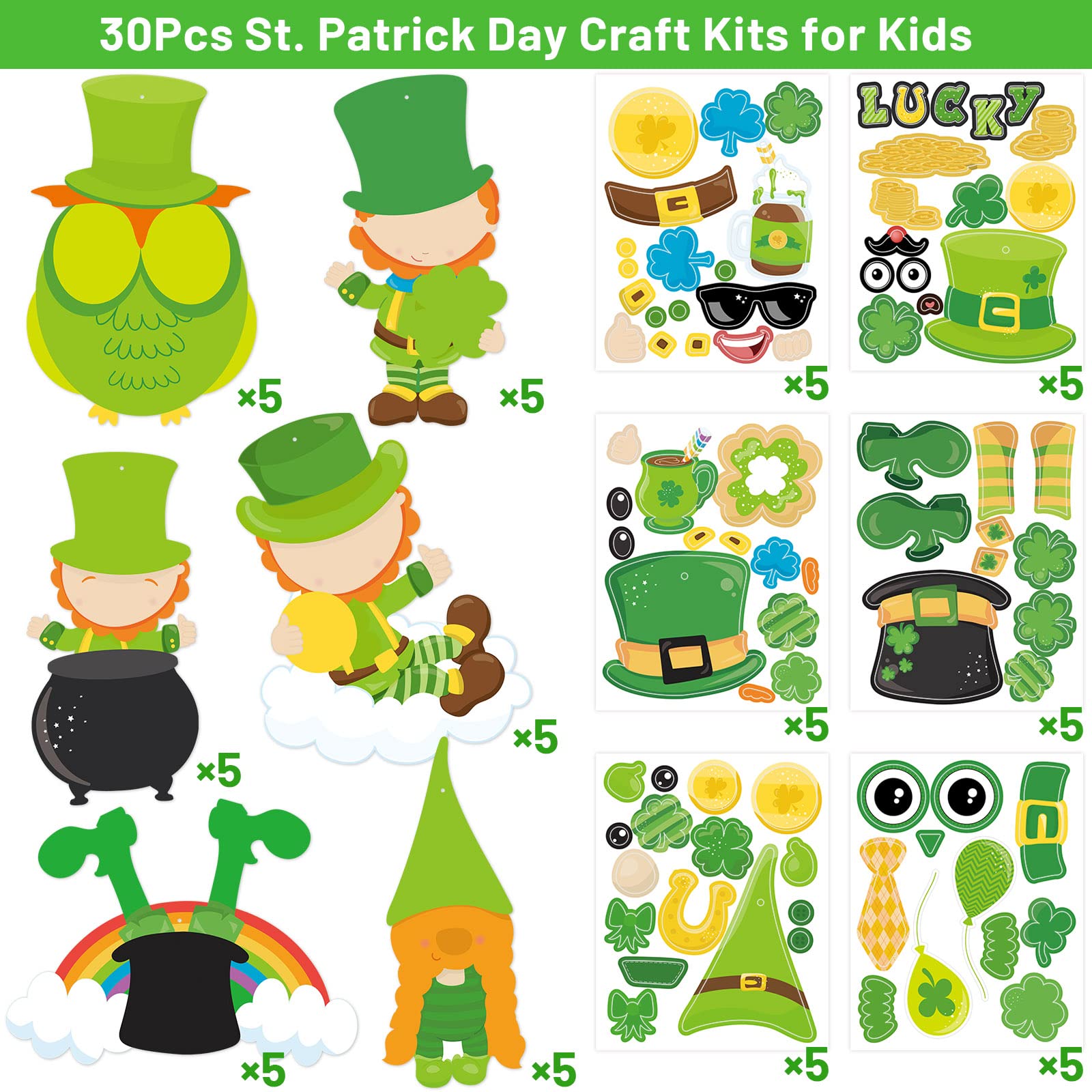 Fancy Land St. Patrick Day Craft Kit for Kids Make A St. Patrick's Day Stickers Leprechauns Shamrock Owl for Party 30Pack