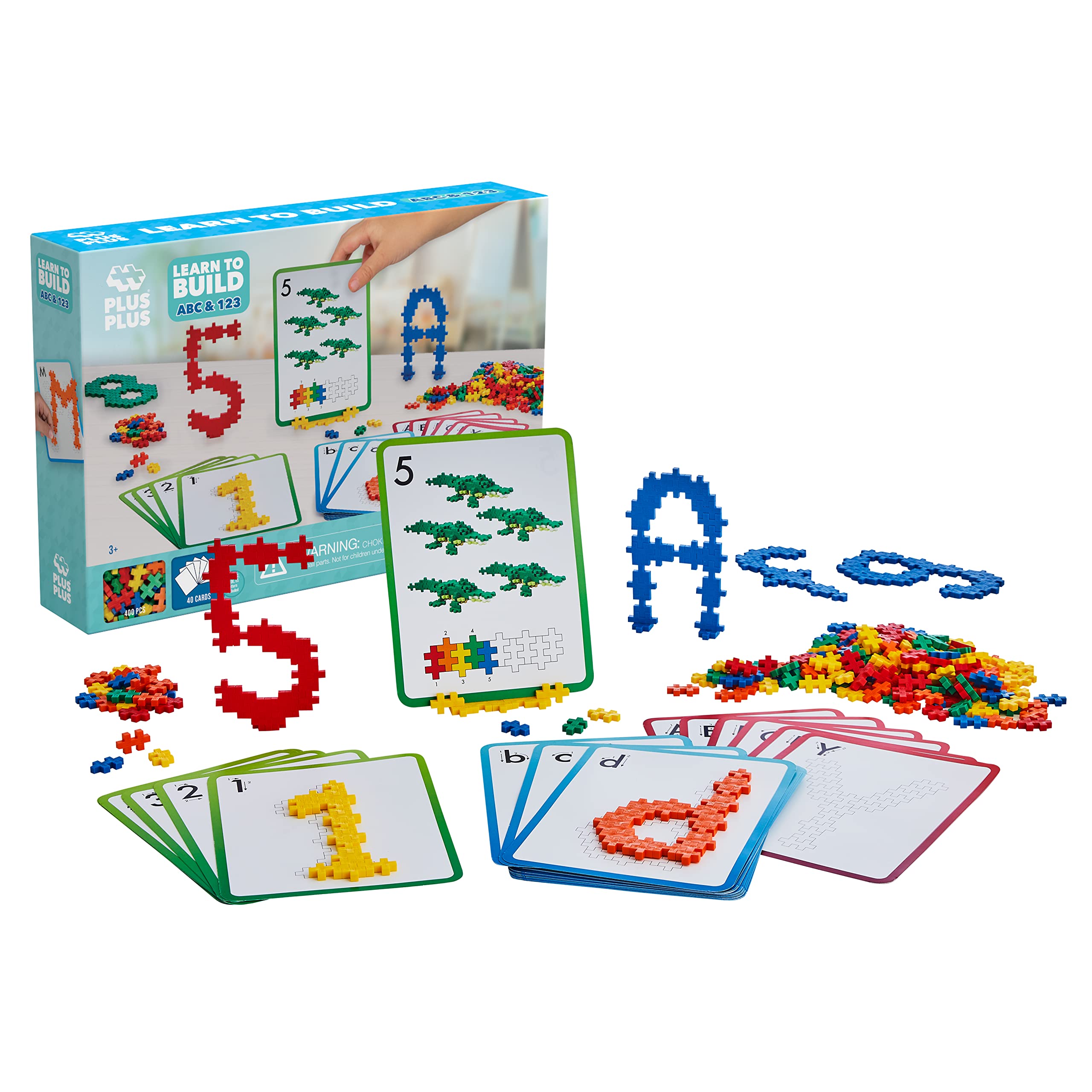 PLUS PLUS - Learn to Build ABC & 123-400 Pieces, 40 Flash Cards - Construction Building STEM/STEAM Toy, Interlocking Mini Puzzle Blocks for Kids