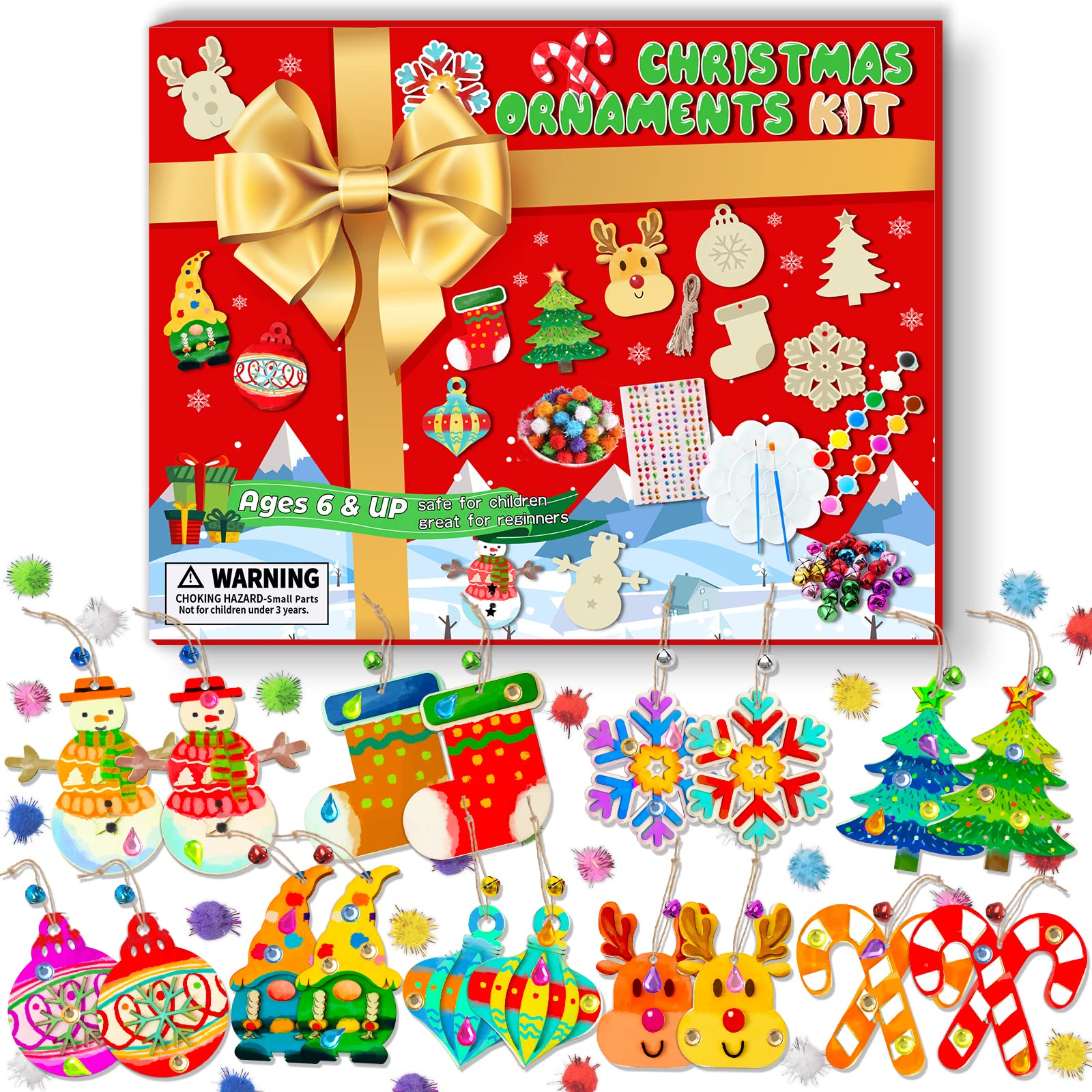 GuassLee Christmas Ornament Crafts for Kids - Make Your Own Ornament Kit with Christmas Wooden Crafts with Piant Set, Gem Stickers, Poms and Bells, Ornament Making Kit for Kids Holiday Xmas Favors