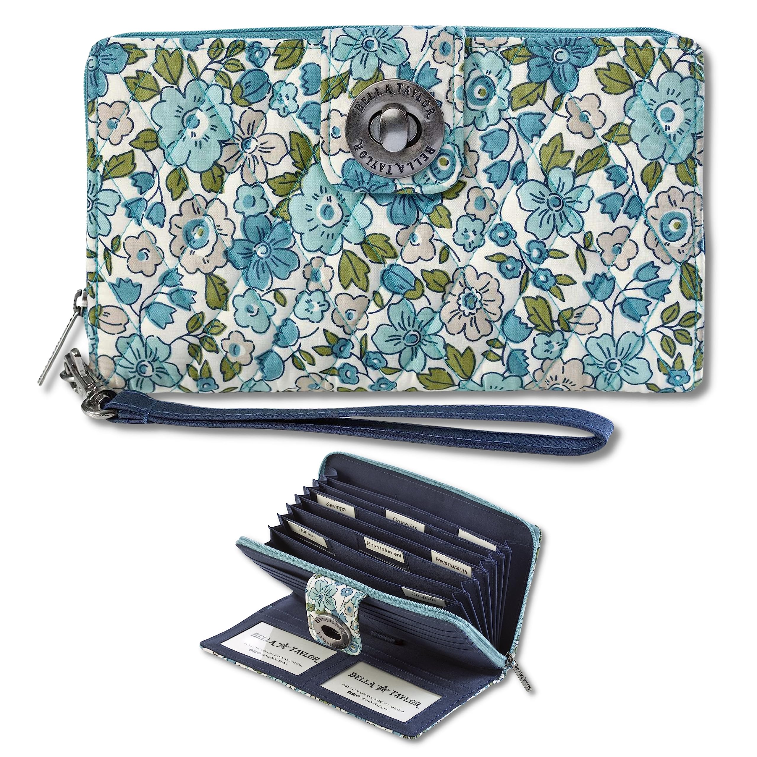 Bella Taylor RFID Wristlet Cash System Wallet for Cash Envelope Budgeting | Money Organizer Budget Wallet | Cash Stuffing Wallet | Quilted Cotton Delicate Floral Blue