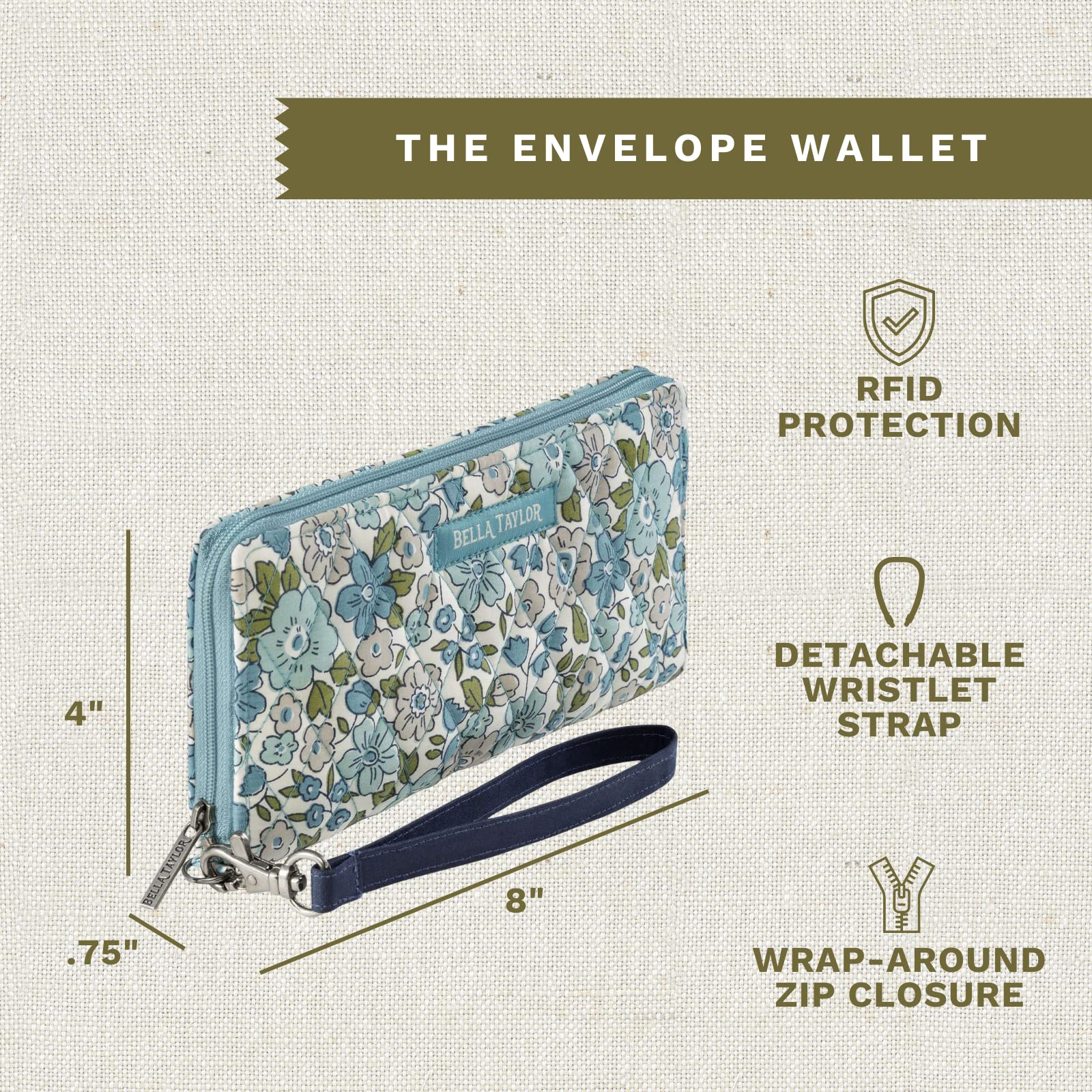 Bella Taylor RFID Wristlet Envelope Wallet for Cash Envelope Budgeting | Small Money Organizer Budget Wallet | Cash Stuffing Wallet | Quilted Cotton Delicate Floral Blue