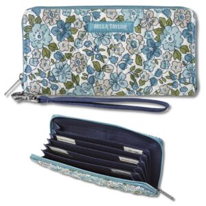 Bella Taylor RFID Wristlet Envelope Wallet for Cash Envelope Budgeting | Small Money Organizer Budget Wallet | Cash Stuffing Wallet | Quilted Cotton Delicate Floral Blue