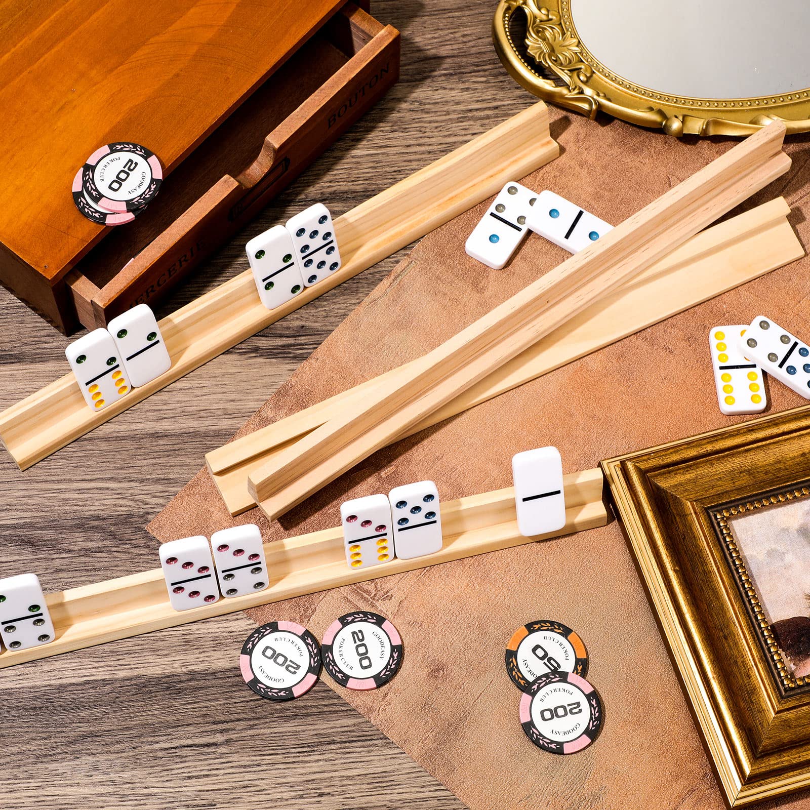 Hanaive Mexican Train Domino, Wooden Domino Racks Set, Domino Tiles Holders, Domino Trays and Accessories for Mexican Train