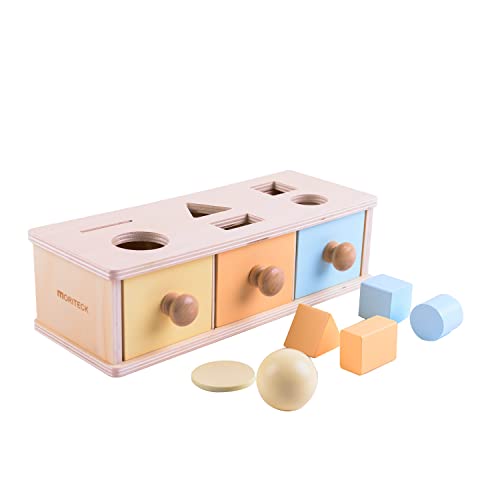 MORITECK Montessori 3 in 1 Object Permanence Box Coin Box Shape Sorter for 8 Months up Baby Wooden Toy for Boy Girls Christmas Birthday Gift