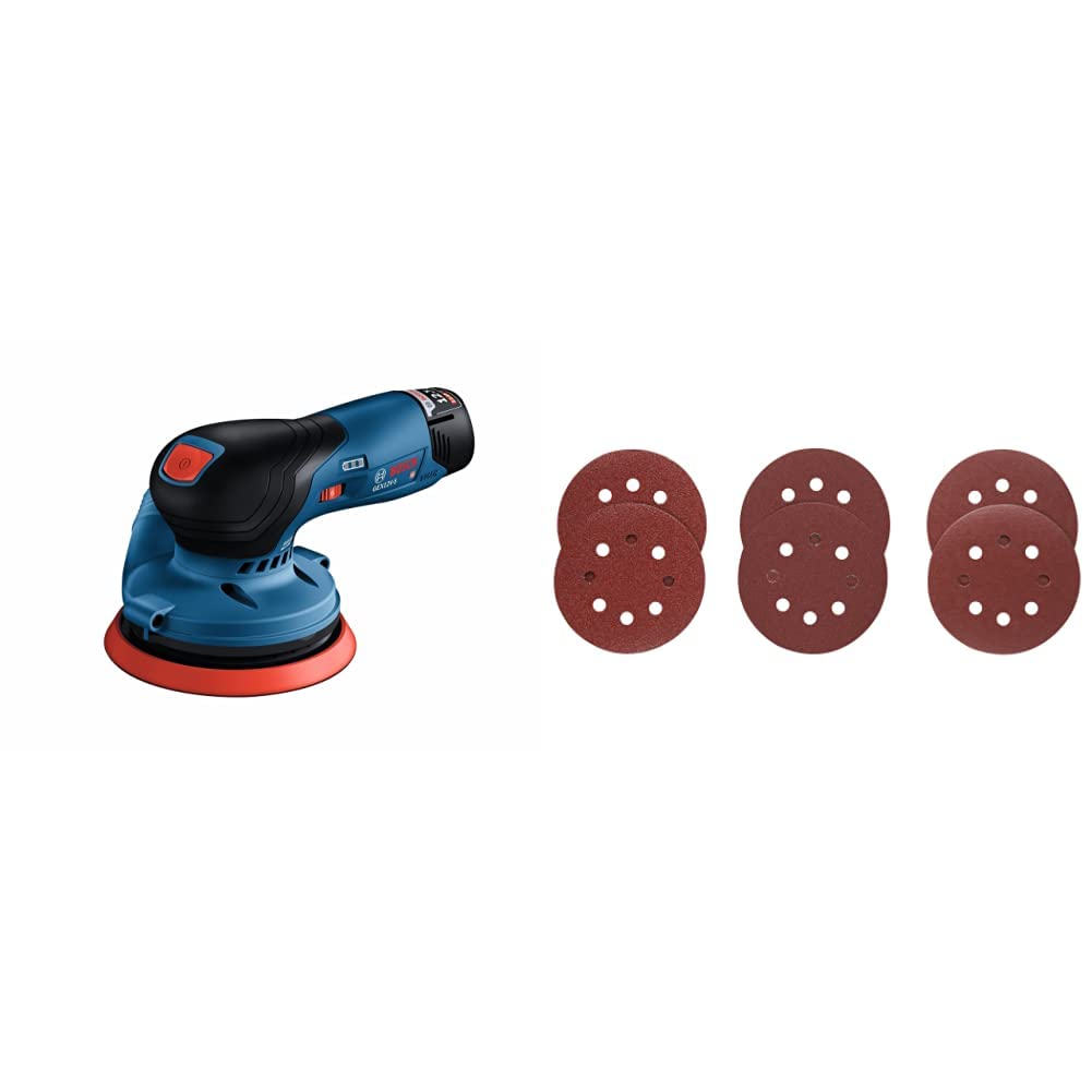 Bosch GEX12V-5N 12V Max Brushless 5 In. Random Orbit Sander (Bare Tool)&BOSCH SR5R000 6-Piece Assortment 5 In. 8 Hole Hook-And-Loop Sanding Discs