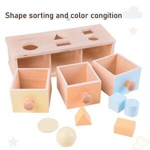 MORITECK Montessori 3 in 1 Object Permanence Box Coin Box Shape Sorter for 8 Months up Baby Wooden Toy for Boy Girls Christmas Birthday Gift