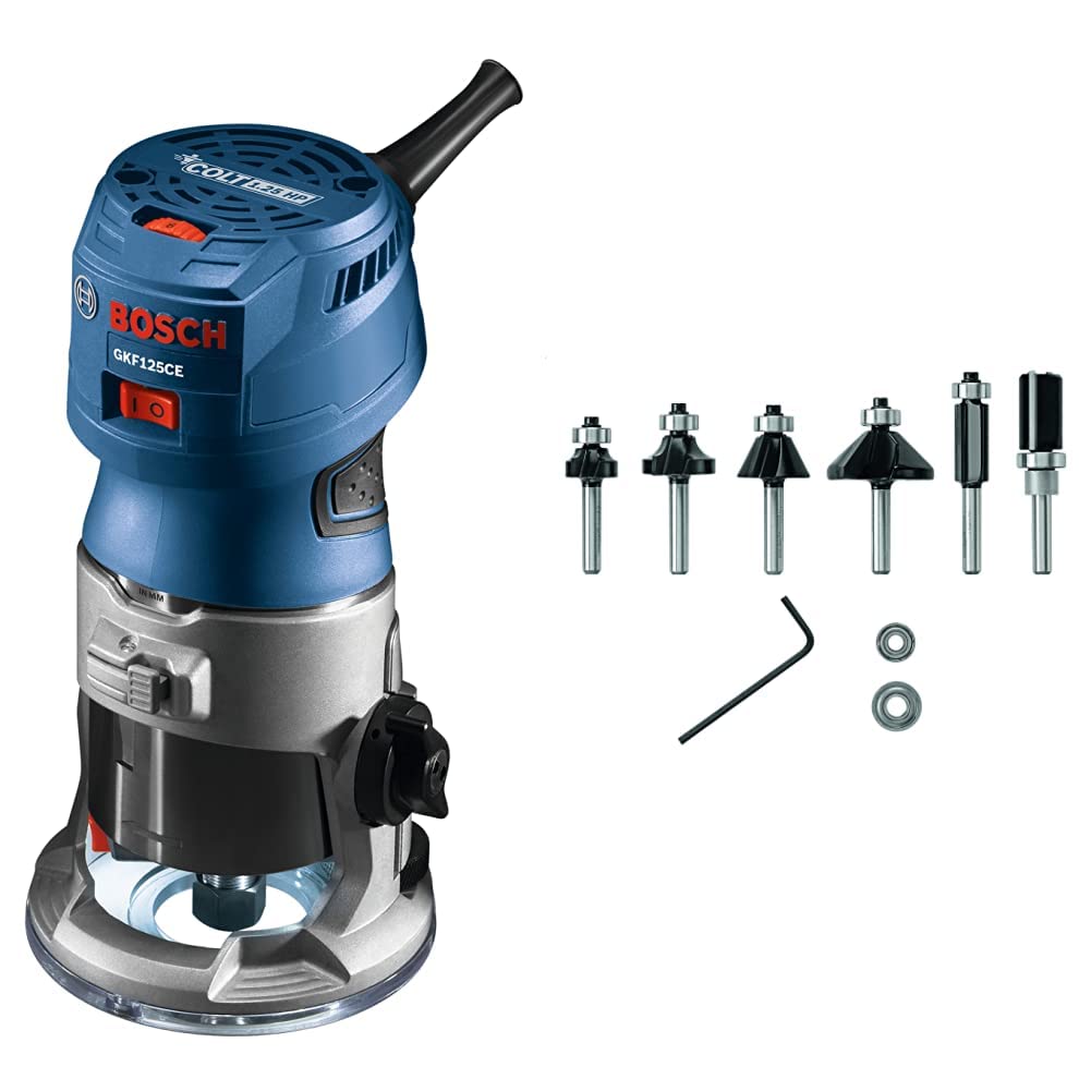 Bosch GKF125CEN Colt 1.25 HP (Max) Variable-Speed Palm Router Tool&BOSCH 6 pc. Carbide-Tipped Trim and Edging Router Bit Set