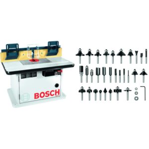 bosch cabinet style router table ra1171, blue&bosch 30 pc. carbide-tipped wood router bit set