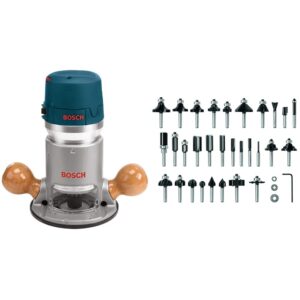 bosch 1617evs 2.25 hp electronic fixed-base router&bosch 30 pc. carbide-tipped wood router bit set