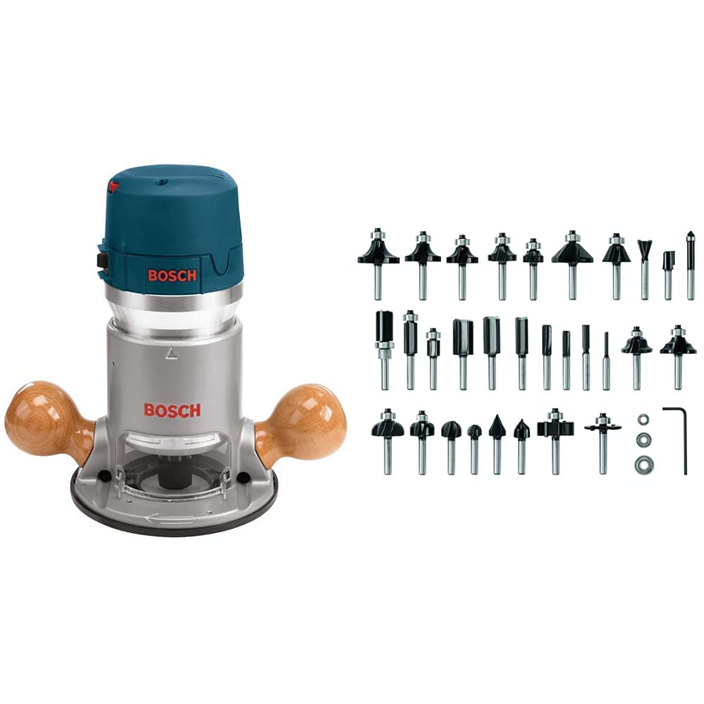 BOSCH 1617EVS 2.25 HP Electronic Fixed-Base Router&BOSCH 30 pc. Carbide-Tipped Wood Router Bit Set