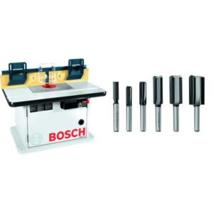 bosch cabinet style router table ra1171, blue&bosch 6 pc. carbide-tipped groove cutter router bit set