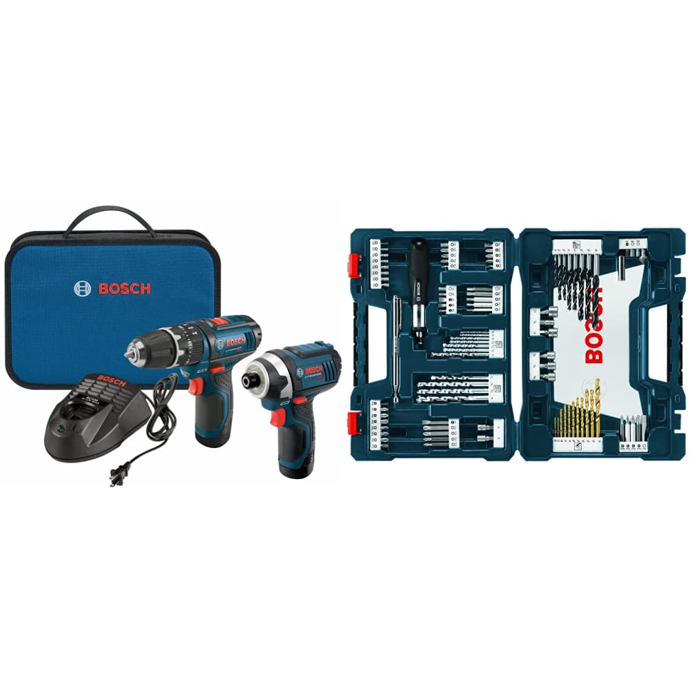 BOSCH 12-Volt Max Lithium-Ion 2-Tool Cordless Combo Kit CLPK241-120, Blue&BOSCH 91-Piece Drilling and Driving Mixed Set MS4091