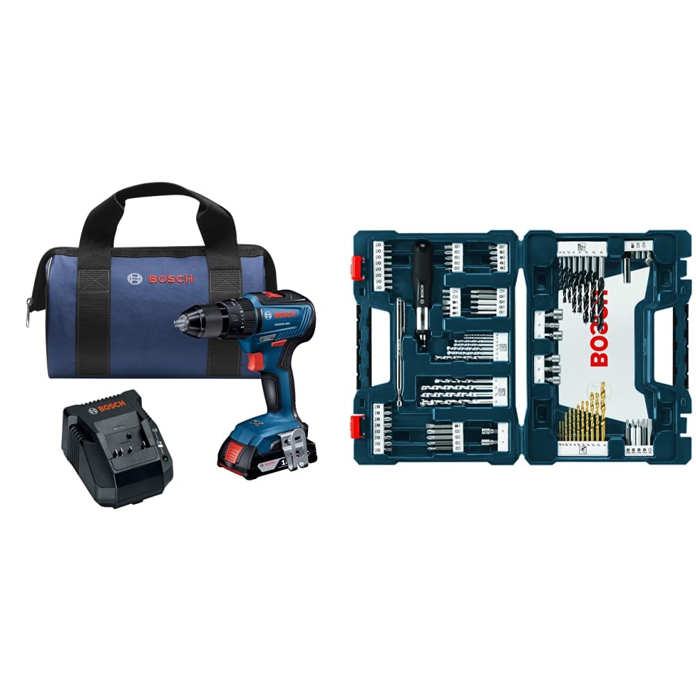 BOSCH GSB18V-490B12 18V EC Brushless 1/2 In. Hammer Drill/Driver Kit with (1) 2.0 Ah SlimPack Battery&BOSCH 91-Piece Drilling and Driving Mixed Set MS4091