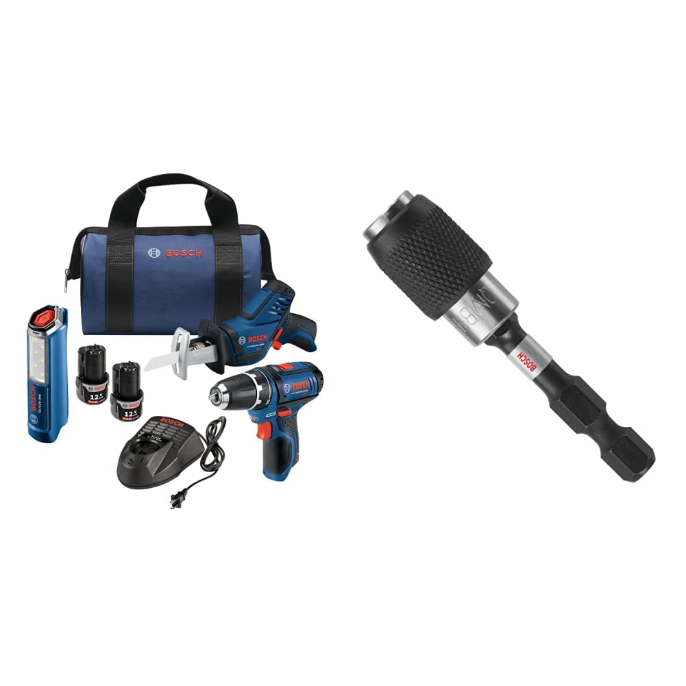 BOSCH Power Tools Combo Kit GXL12V-310B22-12V Max 3-Tool Set with 3/8 In. Drill/Driver, Pocket Reciprocating Saw and LED Worklight&BOSCH ITBHQC201 2 1/4", Impact Tough Quick Change Bit Holder