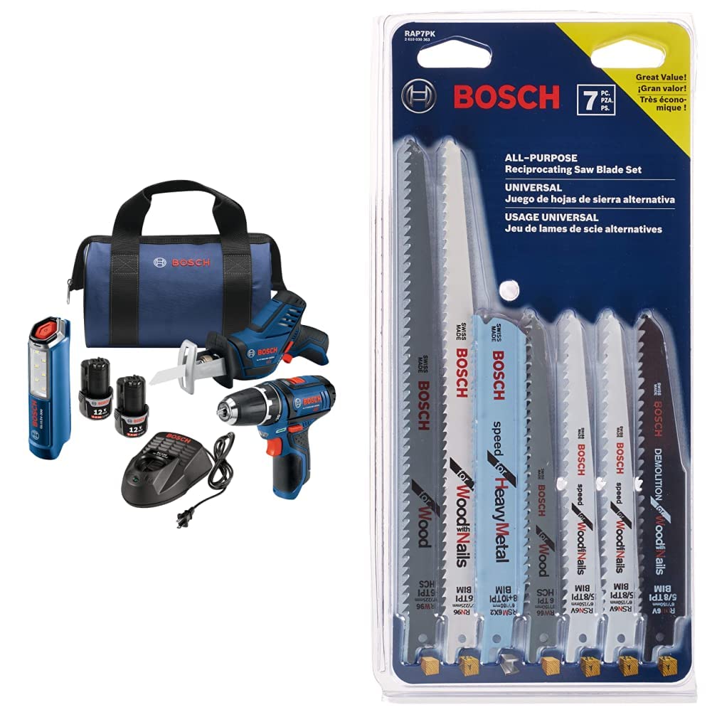 BOSCH Power Tools Combo Kit GXL12V-310B22-12V Max 3-Tool Set with 3/8 In. Drill/Driver, Pocket Reciprocating Saw and LED Worklight&BOSCH RAP7PK 7-Piece Reciprocating Saw Blade Set