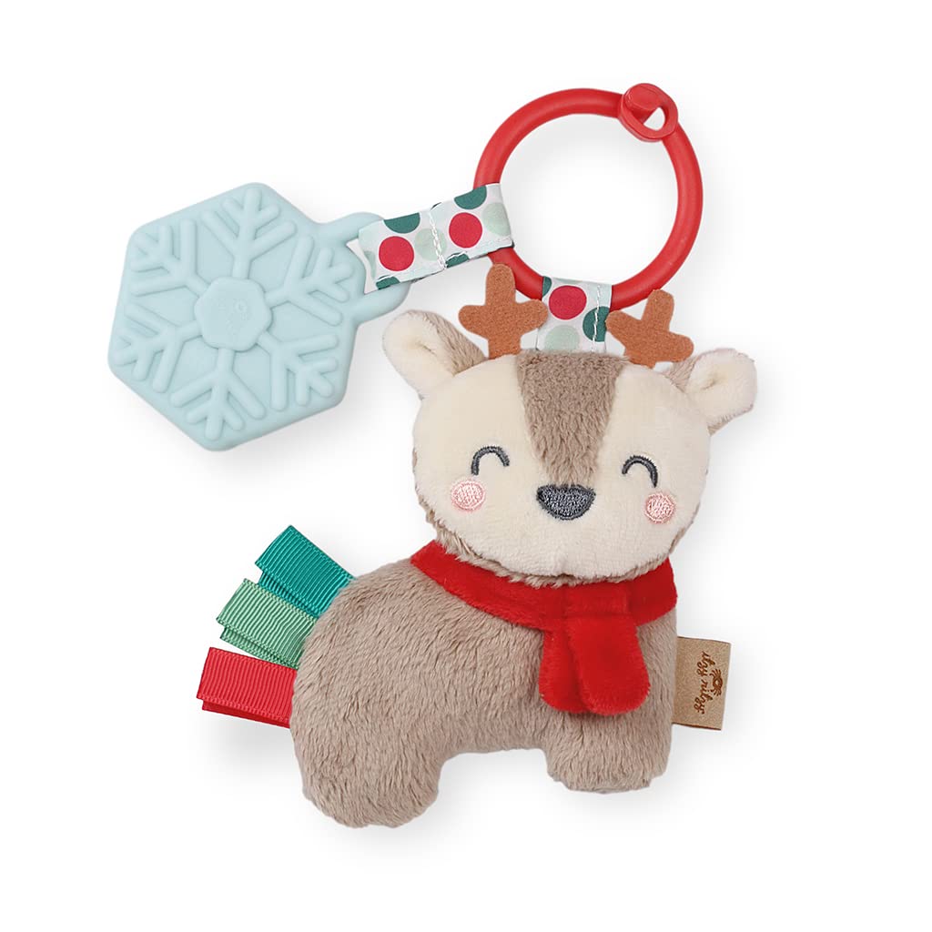 Itzy Ritzy Infant Toy & Teether - Itzy Pal Baby Teething Toy Includes Lovey, Crinkle Sound, Textured Ribbons & Silicone Teether Toy for Newborn (Jolly The Reindeer)