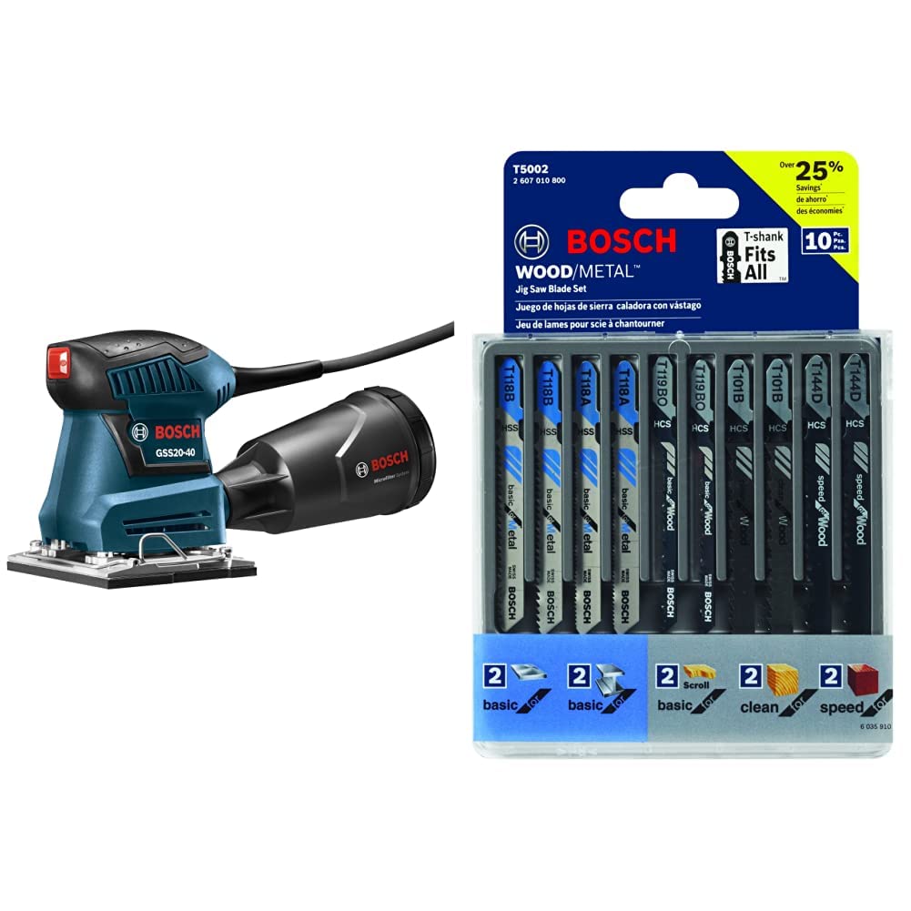 BOSCH GSS20-40 Orbital Finishing Sander (1/4-Sheet)&BOSCH T5002 T-Shank Multi-Purpose Jigsaw Blades, 10 Piece, Assorted, Jig Saw Blade Set for Cutting Wood and Metal