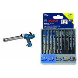 bosch gcg18v-29n 18v caulk and adhesive gun (bare tool)&bosch t5002 t-shank multi-purpose jigsaw blades, 10 piece, assorted, jig saw blade set for cutting wood and metal