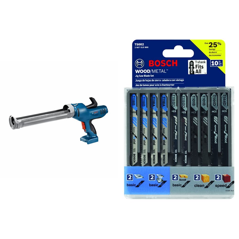 BOSCH GCG18V-29N 18V Caulk and Adhesive Gun (Bare Tool)&BOSCH T5002 T-Shank Multi-Purpose Jigsaw Blades, 10 Piece, Assorted, Jig Saw Blade Set for Cutting Wood and Metal