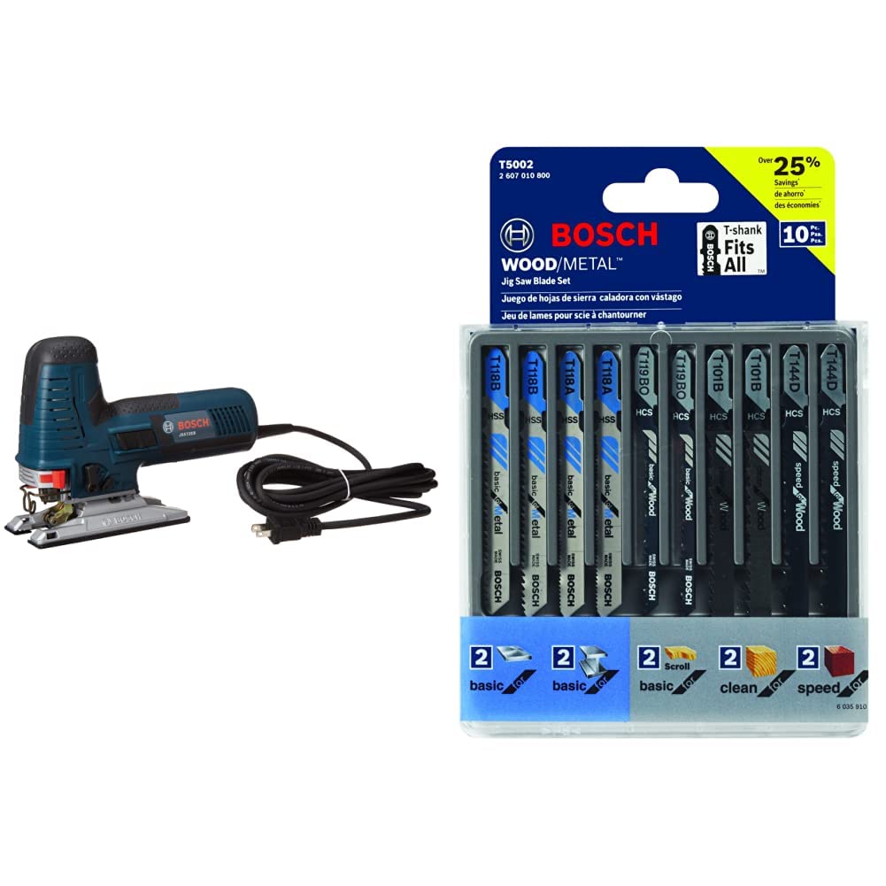 BOSCH 7.2 Amp Barrel-Grip Jig Saw Kit JS572EBK&BOSCH T5002 T-Shank Multi-Purpose Jigsaw Blades, 10 Piece, Assorted, Jig Saw Blade Set for Cutting Wood and Metal