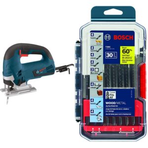 bosch 120-volt top-handle jigsaw kit js365 blue, 6.5 amp&bosch t30c t-shank multi-purpose jigsaw blades, 30 piece, assorted, jig saw blade set for cutting wood and metal