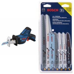 bosch ps60n 12v max pocket reciprocating saw (bare tool), blue&bosch rap7pk 7-piece reciprocating saw blade set