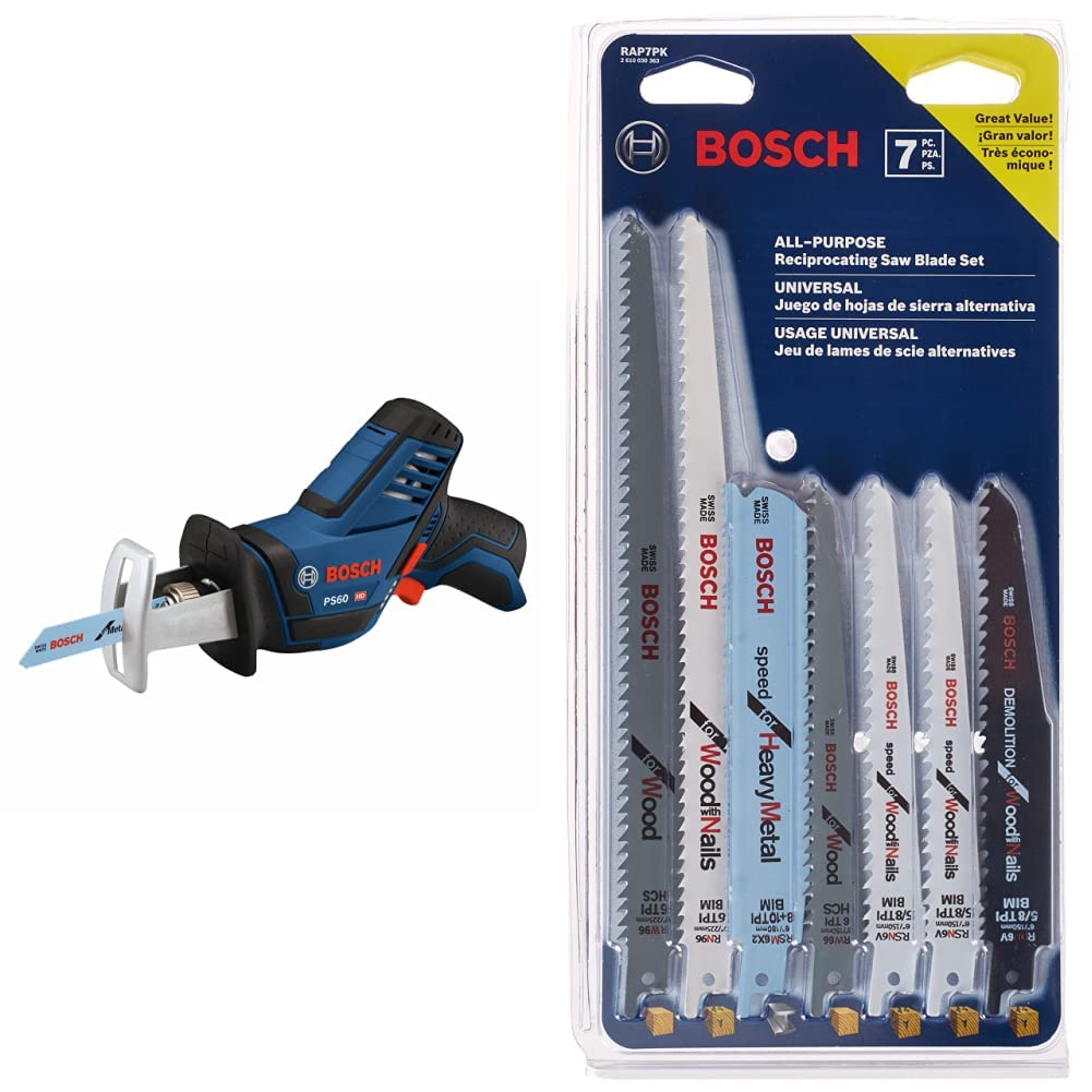 BOSCH PS60N 12V Max Pocket Reciprocating Saw (Bare Tool), Blue&BOSCH RAP7PK 7-Piece Reciprocating Saw Blade Set