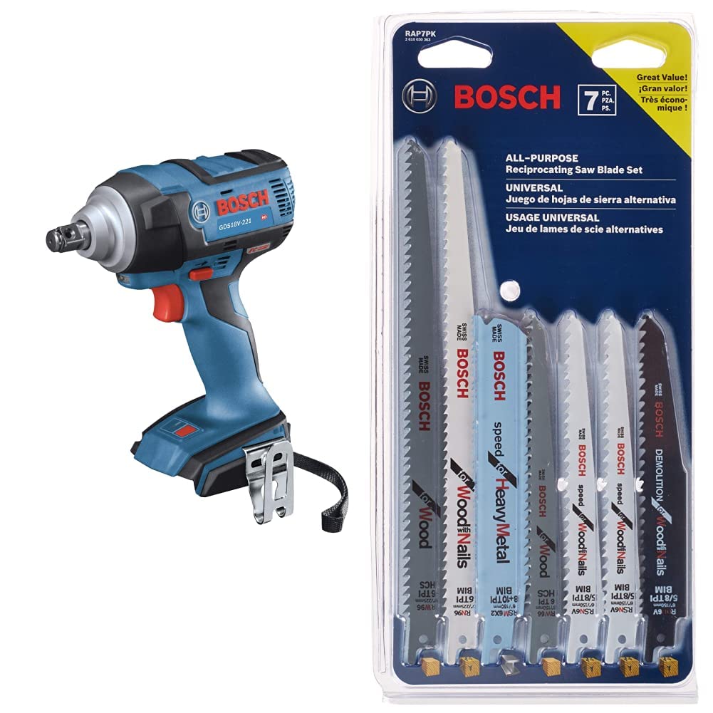 BOSCH GDS18V-221N 18V EC Brushless 1/2 In. Impact Wrench with Friction Ring and Thru-Hole (Bare Tool)&BOSCH RAP7PK 7-Piece Reciprocating Saw Blade Set