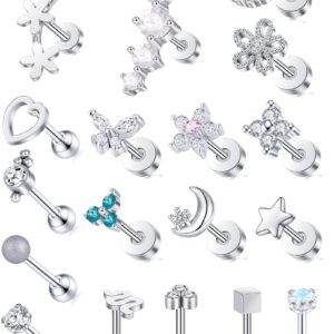 Tornito 18Pcs Cartilage CZ Stud Earrings Conch Forward Helix Tragus Daith Piercing Lip Rings Snake Butterfly Jewelry for Women Men 16G Silver Tone