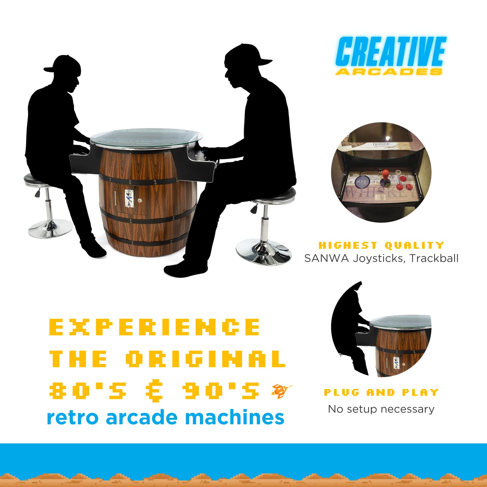 Creative Arcades Commercial Grade 26" XL Wine Barrel Style Pub Arcade Machine | Thick Tempered Glass Top | Classic Games | 2 Sanwa Joysticks | 2 Stools