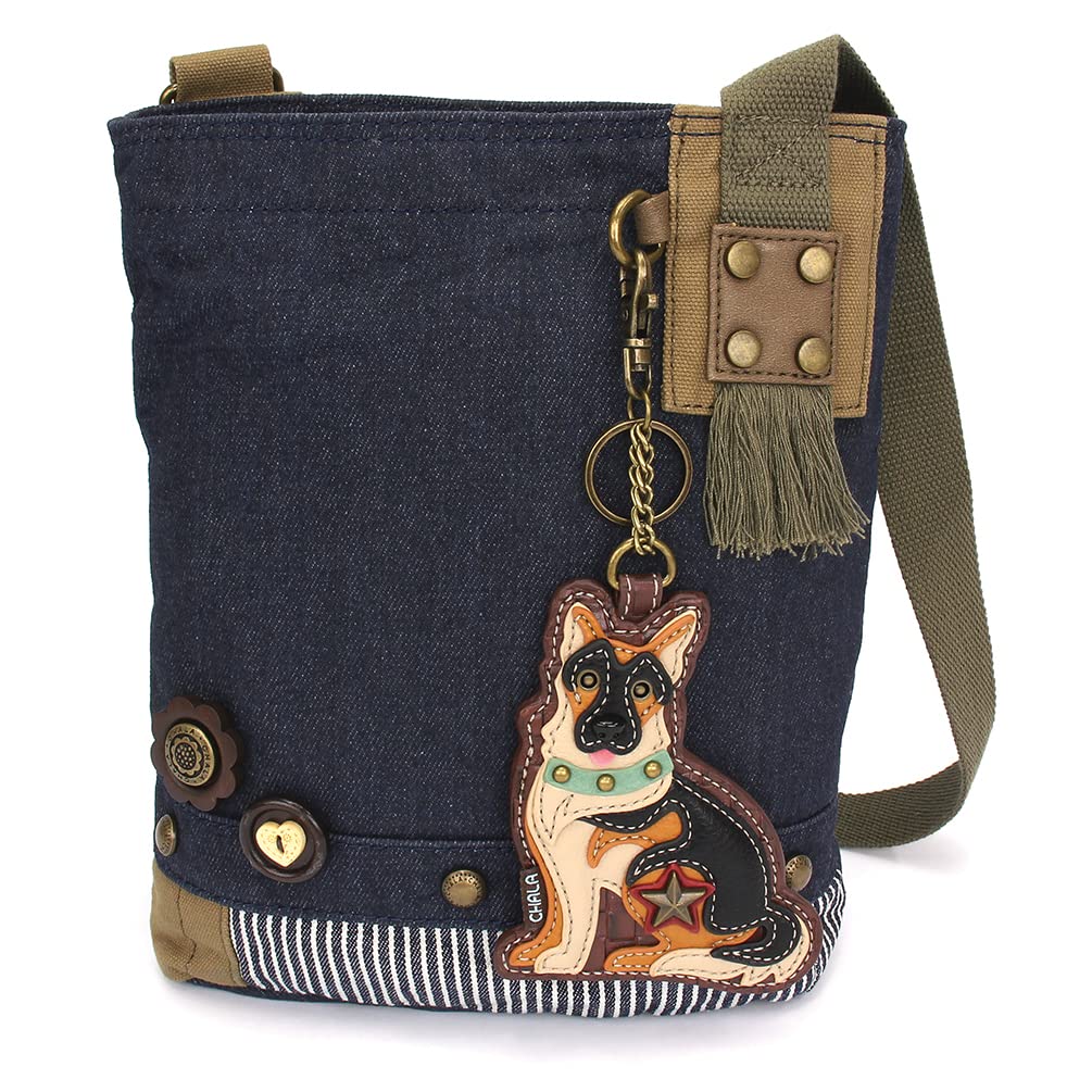 CHALA Patch Cross-Body Women Handbag, Blue Denim Canvas Messenger Bag - German Shepherd Gen II - Denim